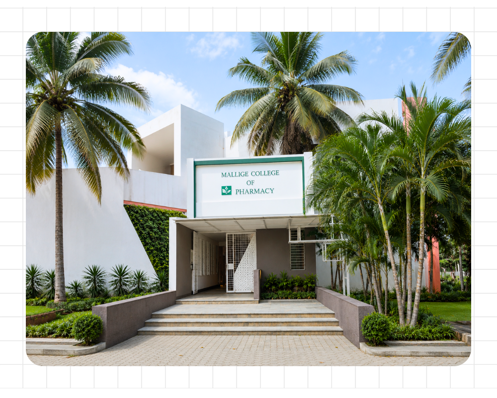 Mallige College of Pharmacy campus building – Best PCI approved pharmacy college in Bangalore offering B Pharm, D Pharm and Pharm D programs